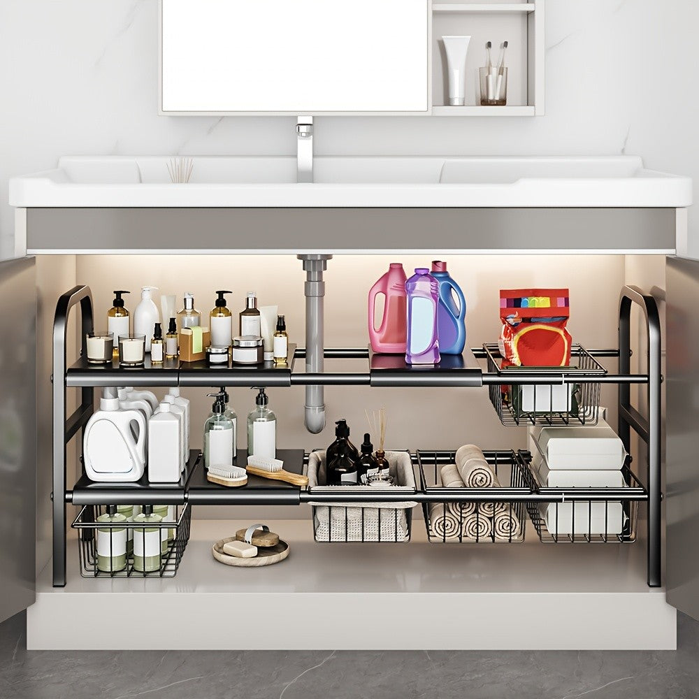 Expandable Under Sink Shelf Organizer, Black Two-Tier Cabinet Storage Rack with 5 Removable Panels and 5 Baskets for Kitchen and Bathroom Essentials