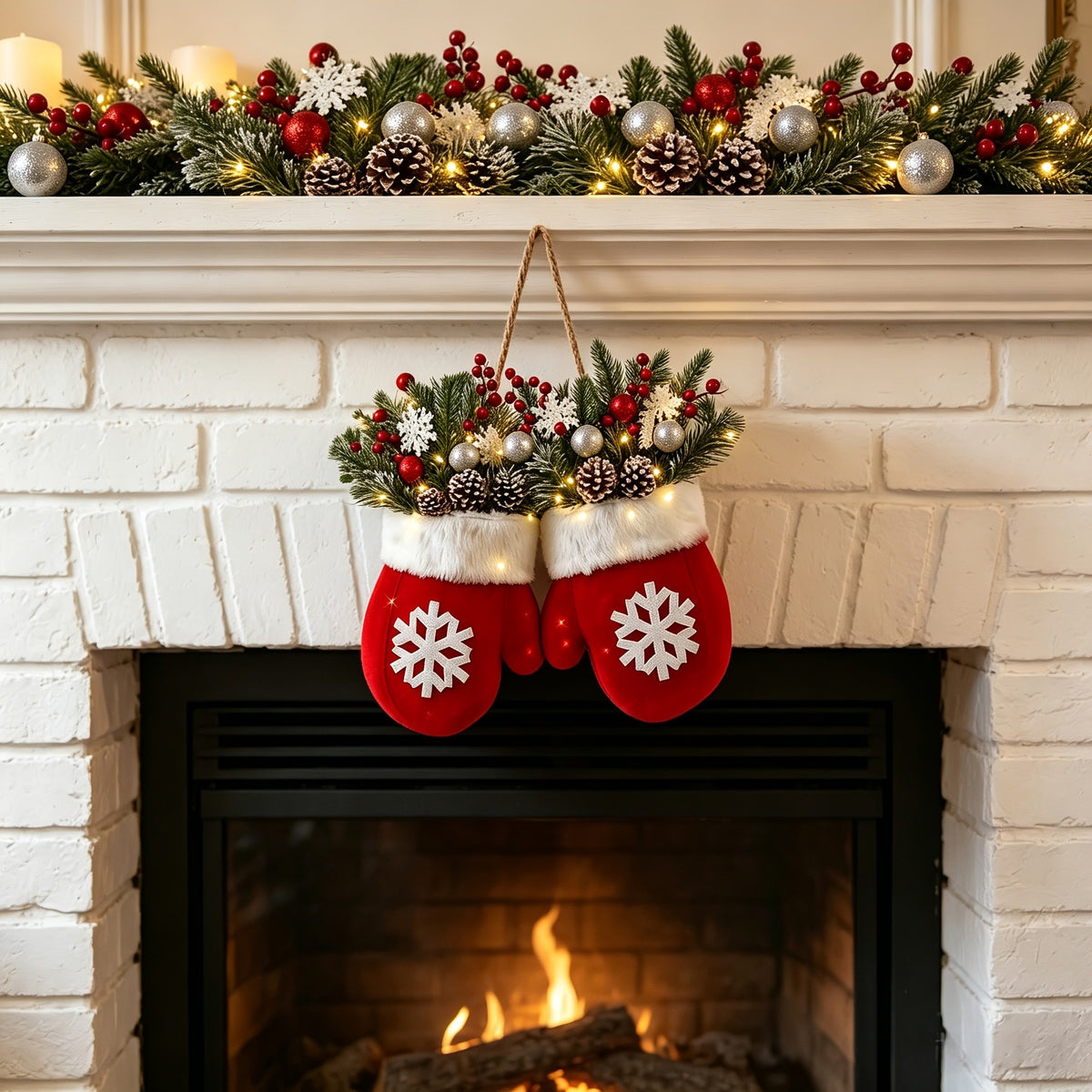 Christmas Mitten Door Wreath with 20 Flashing LEDs, Red Snowflake Gloves, Artificial Pine, Berries and Frosted Pine Cones for Holiday Wall Decor