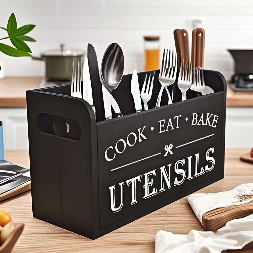 Rustic Wooden Kitchen Utensil Holder, 1pc 3-Compartment Storage Box, Kitchen Must Haves, Countertop & Wall-Mounted Organizer, Wood Material, Kitchen Accessories For Cook, Eat, Bake Tools, Kitchen Organizers And Storage