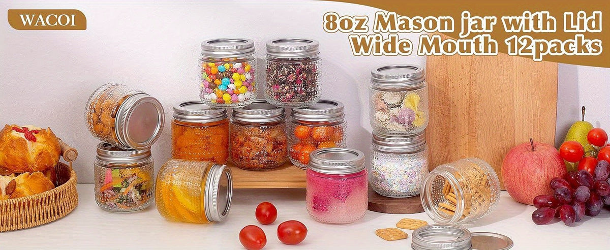 Small Mason Jars with Lids 8oz, 12 Pack Vintage Clear Glass Regular Mouth Storage Jars with Silver Metal Lids for Honey Jam and DIY Decor