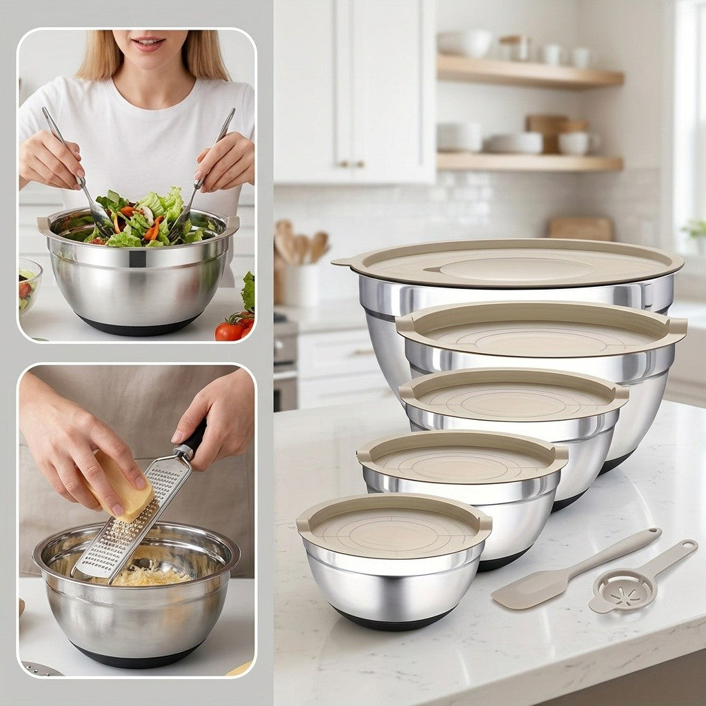 Mixing Bowls with Airtight Lids, 26pcs Stainless Steel Bowls Set, 3 Grater Attachments & Black Non-Slip Bottoms Size 7, 4, 2.5, 2.0, 1.5, 1QT, Great for Mixing & Serving
