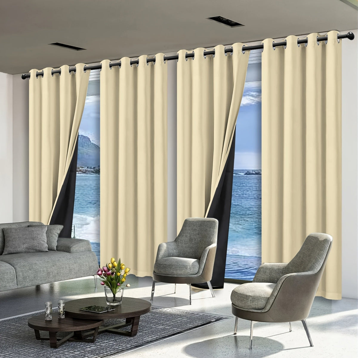 Set of 4 Complete Blackout Curtains for The Bedroom Featuring a Black-Coated Film for Total Light Blockage And Thermal Insulation with Ring Top Design