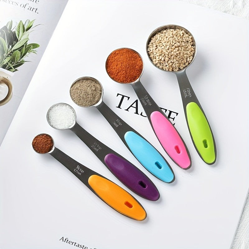 5pcs Measuring Spoon Set/10pcs Measuring Spoon Measuring Cup Set, Stainless Steel, With Silicone Handle, Precise Measuring Tool For Cooking | Essential For Christmas Baking