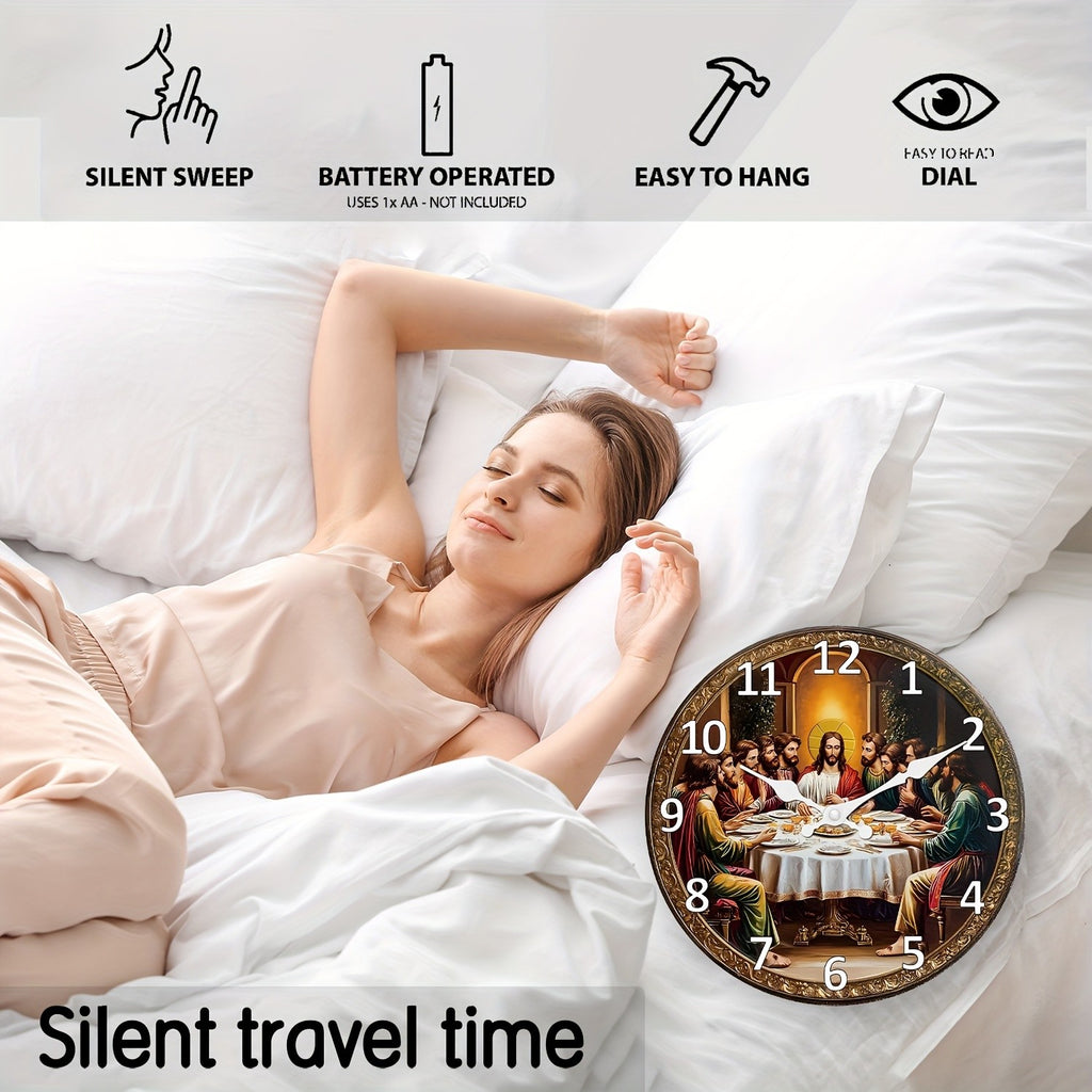 Religious Last Supper Wall Clock- Silent Non-Ticking Mute Clock& Disciples, Large Face, Golden Hands& Roman Numerals- Artificial Construction for