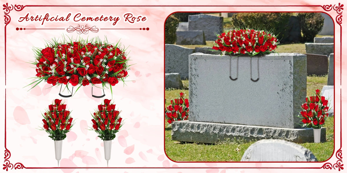 1/2/3pcs Artificial Cemetery Flower For Grave With Saddles, Artificial Silky Rose Flowers And Bouquets With Vases, Memorial Day Flowers For Cemetery, Outdoor Grave Headstones Decoration