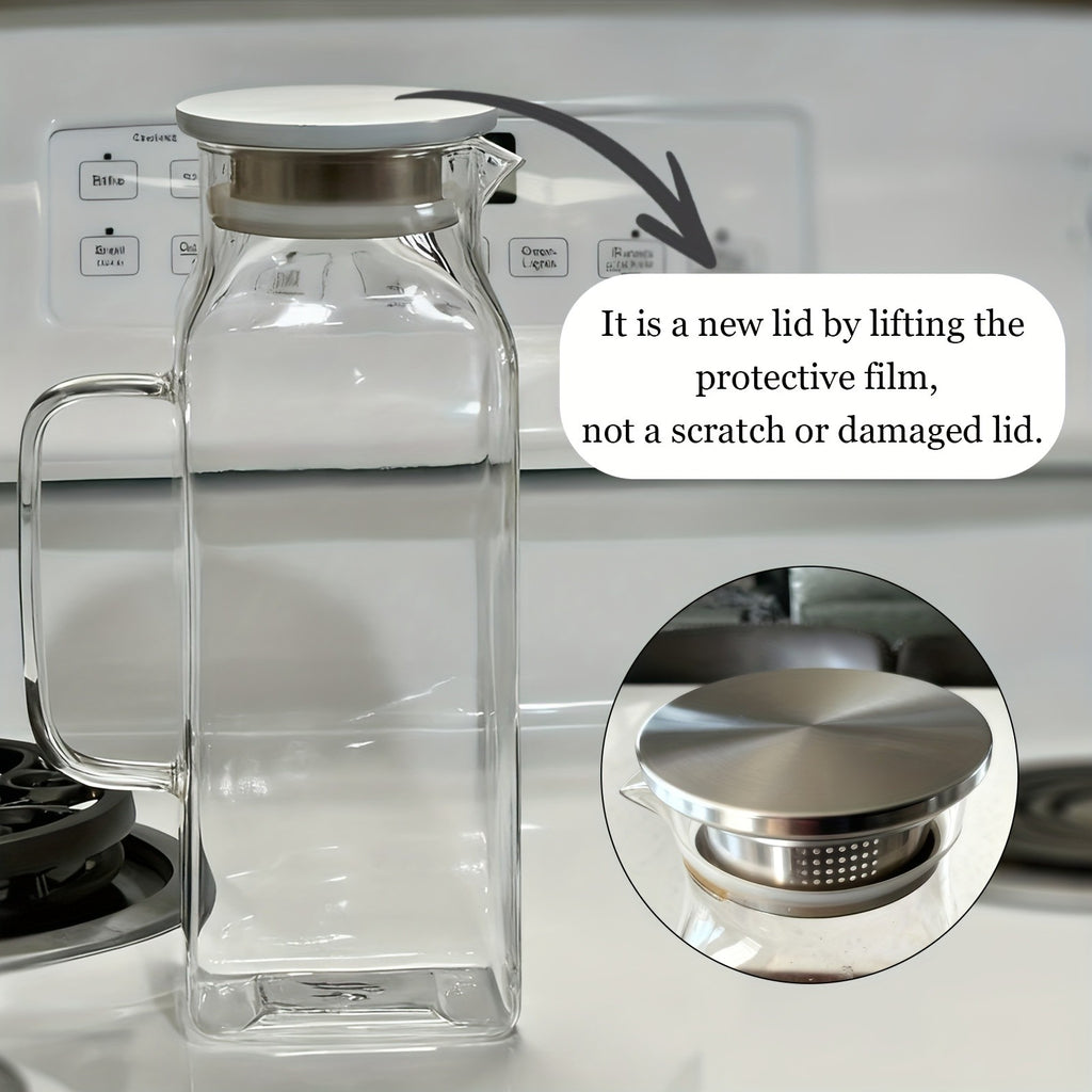 1/2 Pack 2 Liters/68 Oz Square Glass Pitcher with Lid And Handle for Fridge, Iced Tea And Coffee Carafe Beverage Serveware, Heat Resistant Borosilicate Water Jug for Hot/Cold Drinks And Milk, 304 Stainless Steel