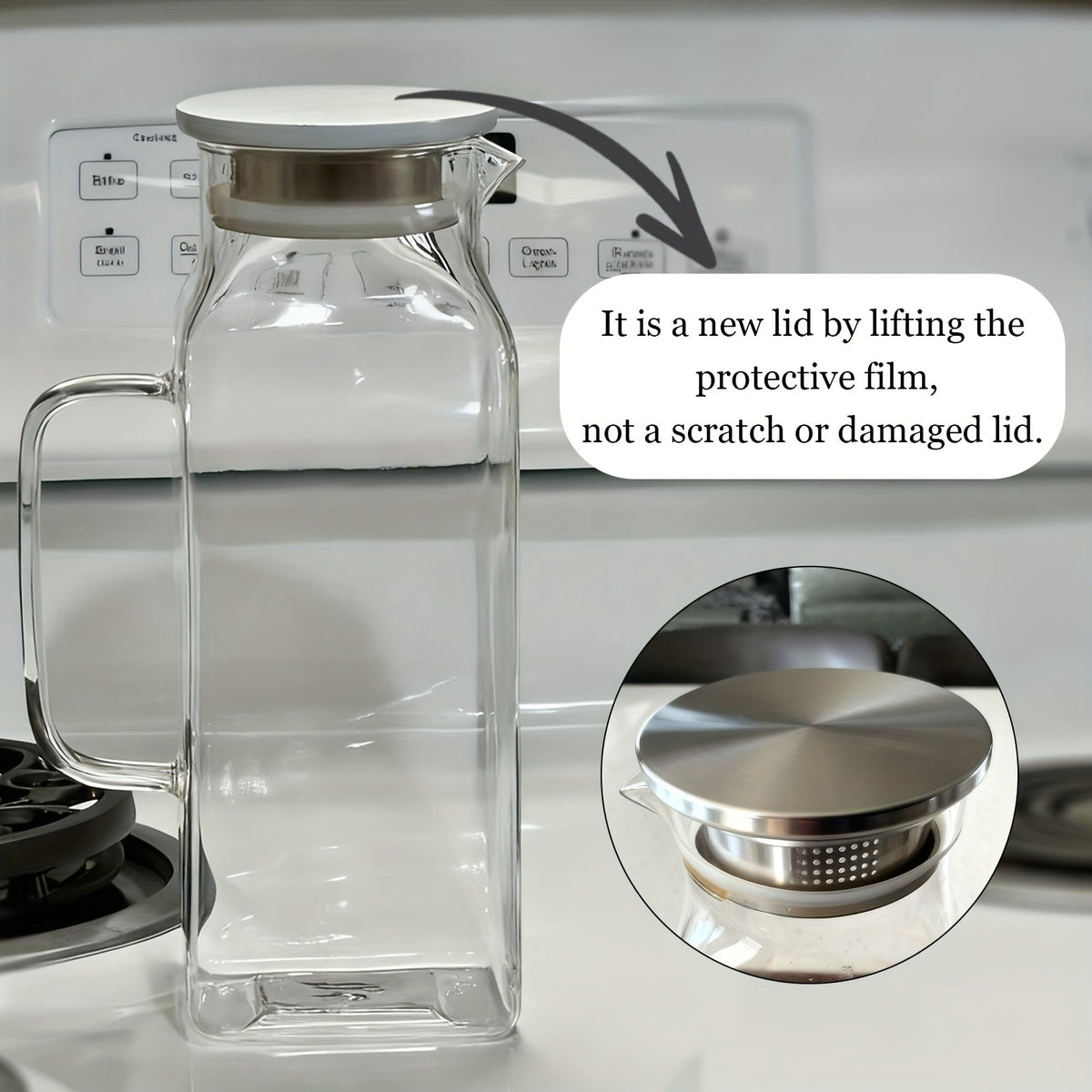 1/2 Pack 2 Liters/68 Oz Square Glass Pitcher with Lid And Handle for Fridge, Iced Tea And Coffee Carafe Beverage Serveware, Heat Resistant Borosilicate Water Jug for Hot/Cold Drinks And Milk, 304 Stainless Steel