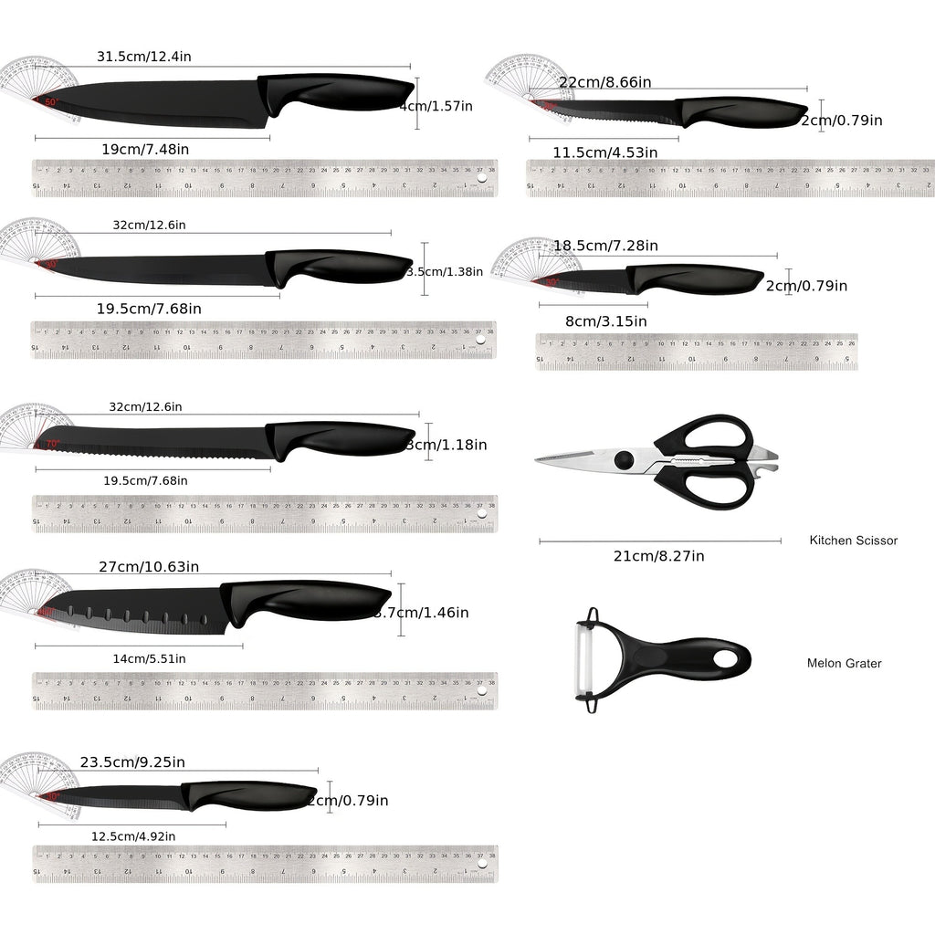 Stainless Steel Knife Block Set, 15 Piece Kitchen Knife Collection with Steak Knives and Storage Block in Five Styles for Everyday Home Cooking