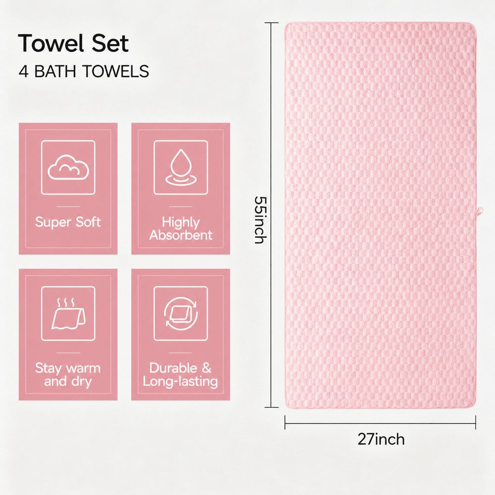 [5pcs Coral Fleece Towels] 5pcs Coral Fleece Bath Towel Set, 4 Soft Absorbent Bath Towels 27" X 55" with Hair Drying Cap, Quick Dry Plush Towels with Hanging Loop for Bathroom, Shower, Home