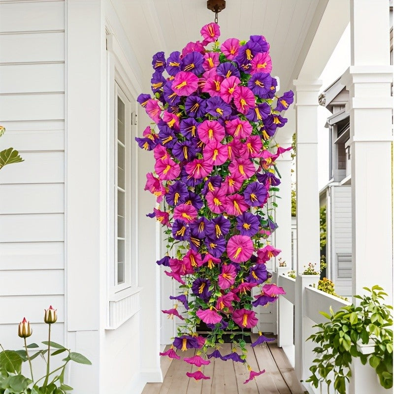 Morning Glory Faux Flower Bundles, 4-Piece Artificial Hanging Floral Decor for Front Porch Planters, Window Boxes, Garden Displays and Home Styling