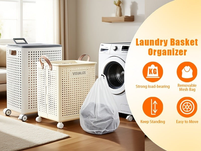 Large And Medium Foldable Ceramic White Laundry Baskets - Pu Leather, Hand Washable, Solid Color, Multi-Functional Portable RV Dirty Clothes Hamper with Wheels for RV Bathroom And Balcony Storage with 2 Stickers
