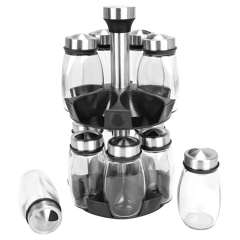 Rotating Spice Rack with Glass Jars, 6 or 12 Seasoning Bottles with Adjustable Dispensing Lids and Single or Double Tier Kitchen Storage Organizer