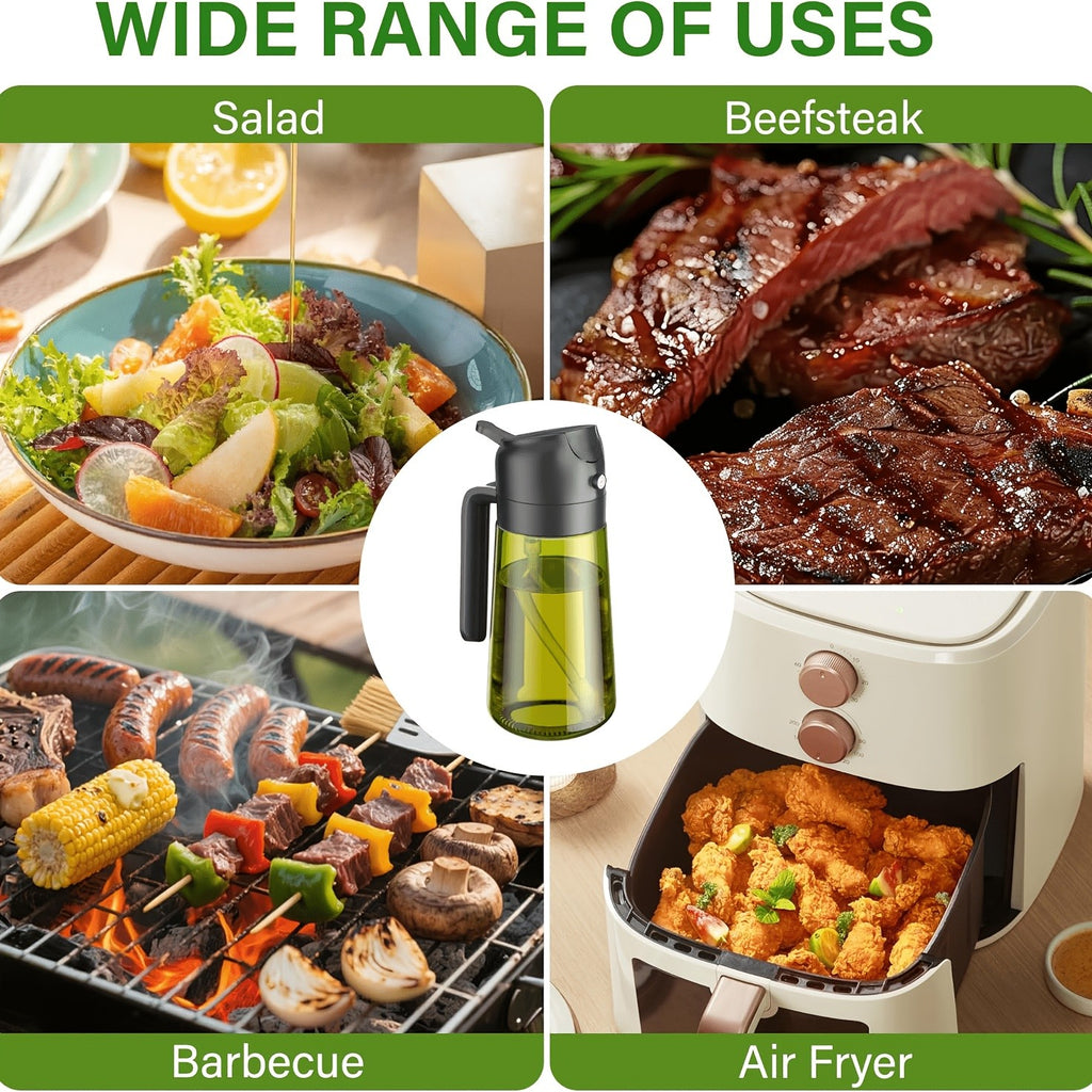 Set of 2 Glass Bottles for Olive Oil, Featuring a Dual Function for Drizzling And Spraying. The Dark Green Glass Helps to Keep The Oil Fresh by Blocking Out Light. Each Bottle Holds 16Oz/480Ml