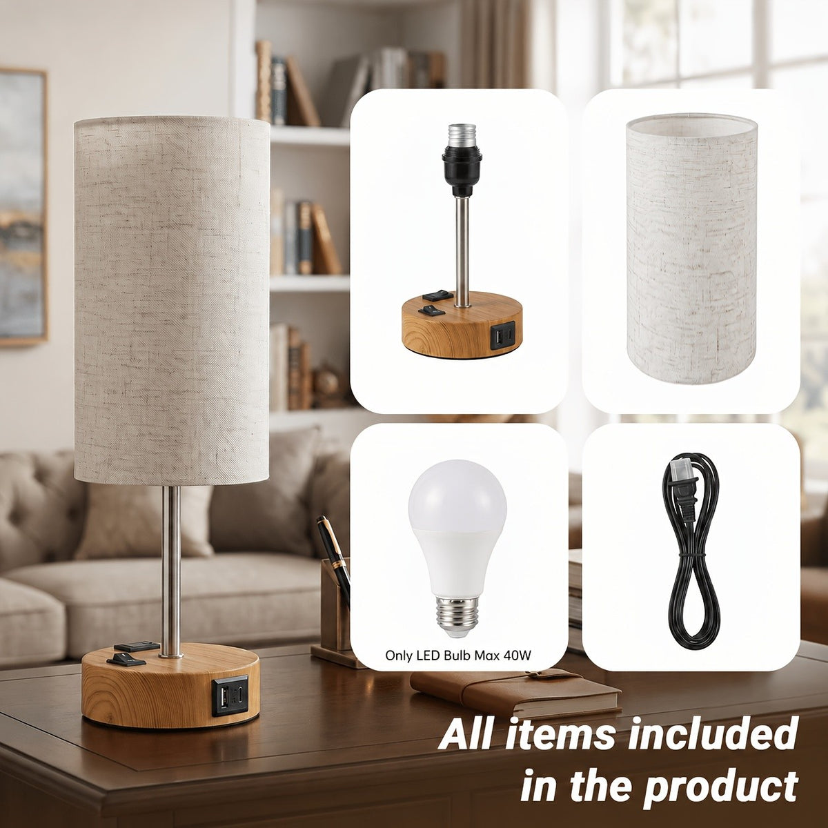 Dimmable Table Lamps with USB Charging Ports And AC Outlet, 3-Way Switch Control Bedside Nightstand Lamps, Wood/Metal Base, Modern Desk Lamps for Bedroom, Living Room, Office, Bulbs Included (1/2 Pack)