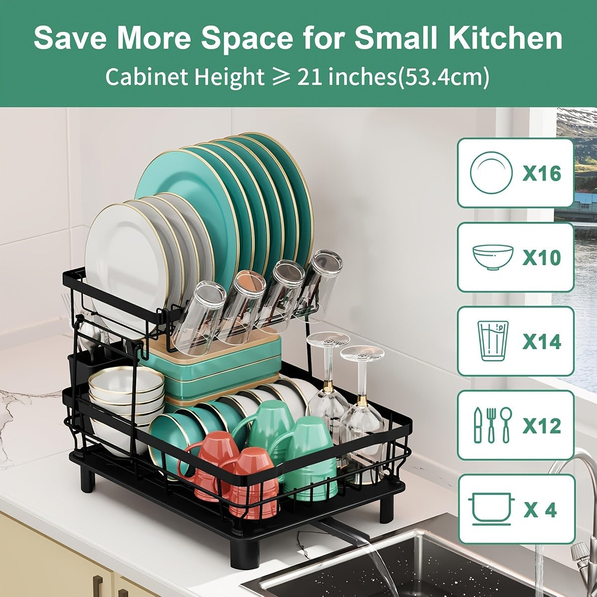 Dish Drying Rack, 2 Tier Dish Racks for Kitchen Counter, Large Stainless Steel Kitchen Dish Drying Rack, Detachable Large Capacity Dish Drainer Organizer with Utensil Holder, Drain Board