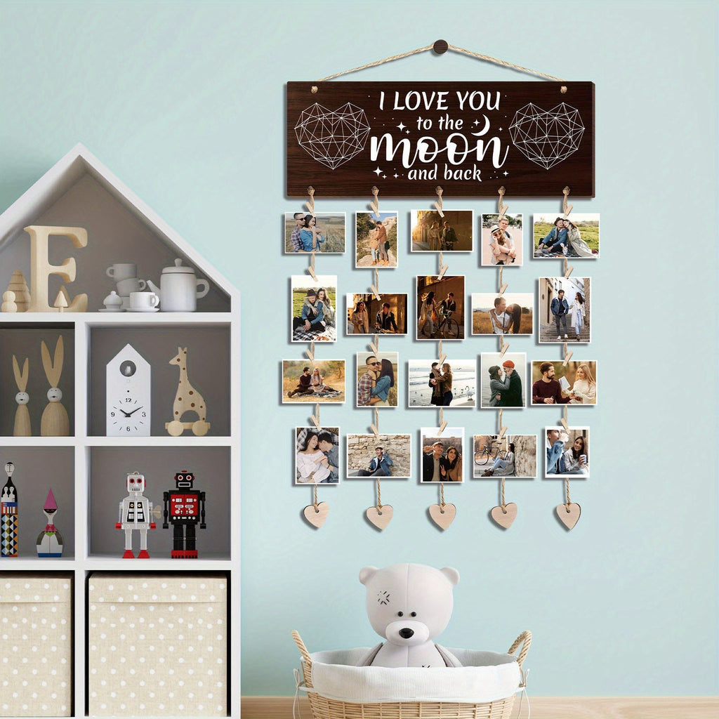 1 Set Wooden Hanging Photo Frames, I Love You to The Moon And Back Picture Holder - Gifts for Him Boyfriend, Her Girlfriend And Wife Husband, Romantic Picture Frame Gifts of Couples for Wedding, Anniversary, Valentine'S Day, Christmas Gifts