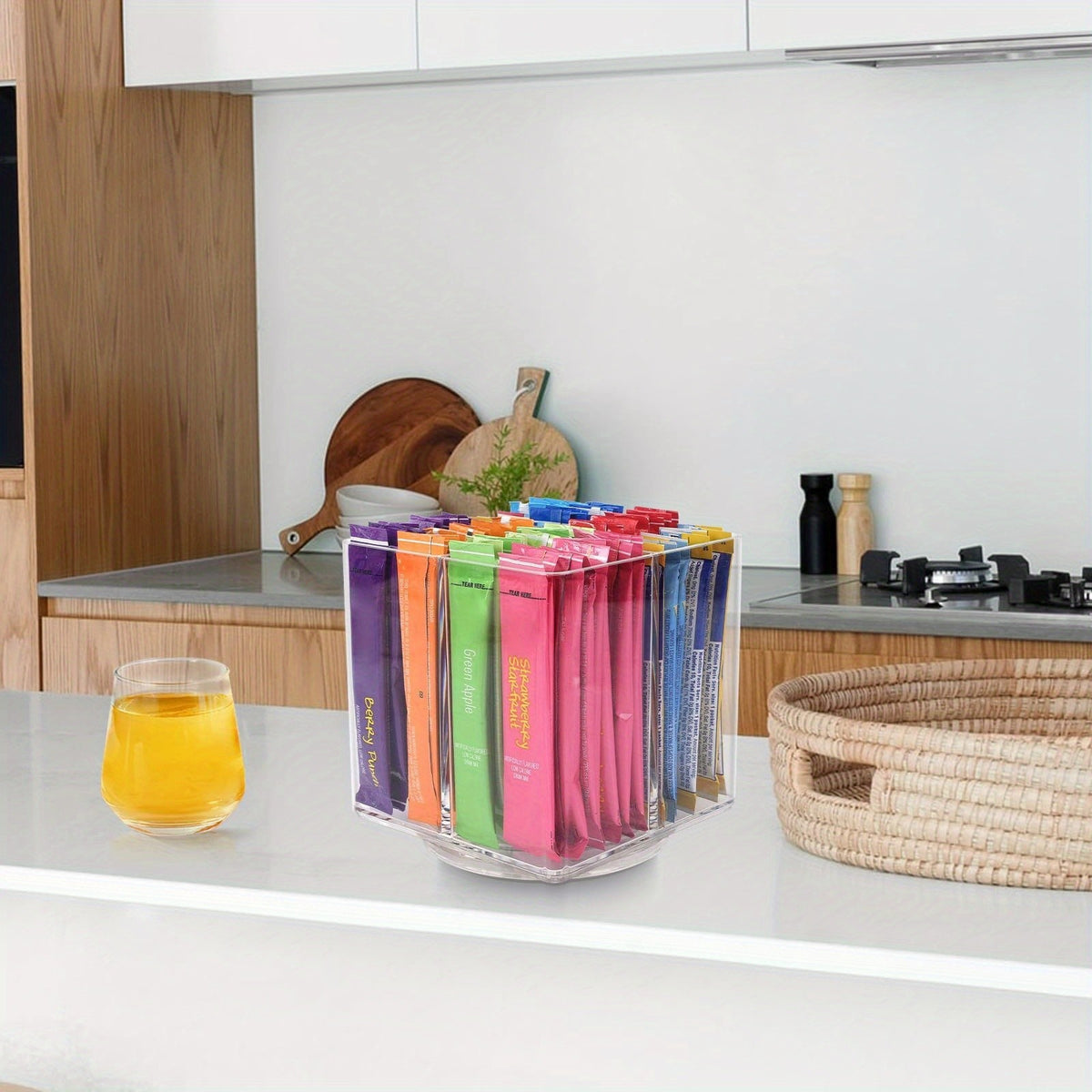 Square Rotating Storage Rack for Powdered Beverage Mixes/ Water Flavored Pouches/ Beverage Mixing Accessories Organizer