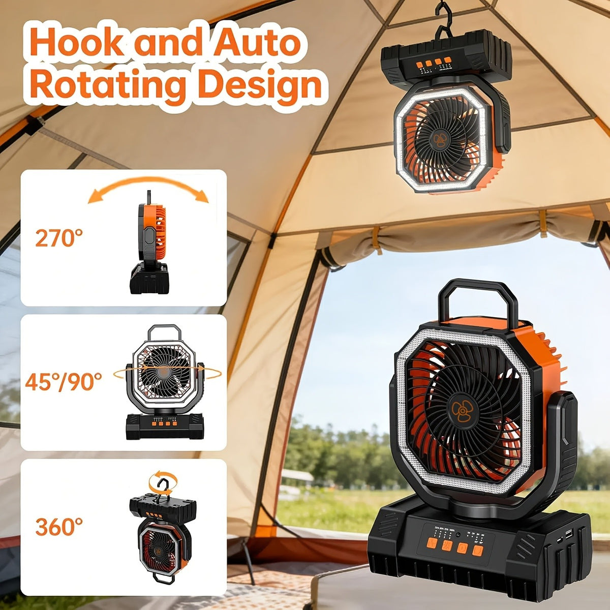 Oscillating Camping Fan with LED Light and Remote, Rechargeable Portable Fan with 4 Speeds, 1 2 4 8 Hour Timer and 20000mAh Orange Option