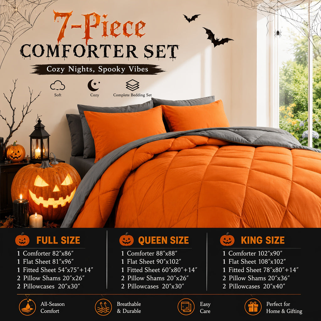 Cosybay 7 Piece Luxurious Comforter Set Queen/King/Full Size, Bed In A Bag Bedding Includes 1 Comforter, 1 Bed Sheet, 1 Fitted Sheet, 2 Pillowcases, 2 Pillow Shams, Soft Complete Bedding for Home Hotel, Perfect for Halloween Holiday, Birthday