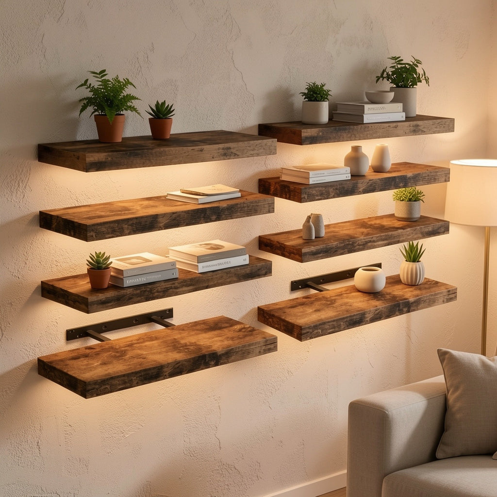 Rustic Finish Floating Shelves, 15.8 Inch Wall Display Set with Invisible Brackets in 4 or 8 Piece Options for Living Room, Bedroom and Home Decor