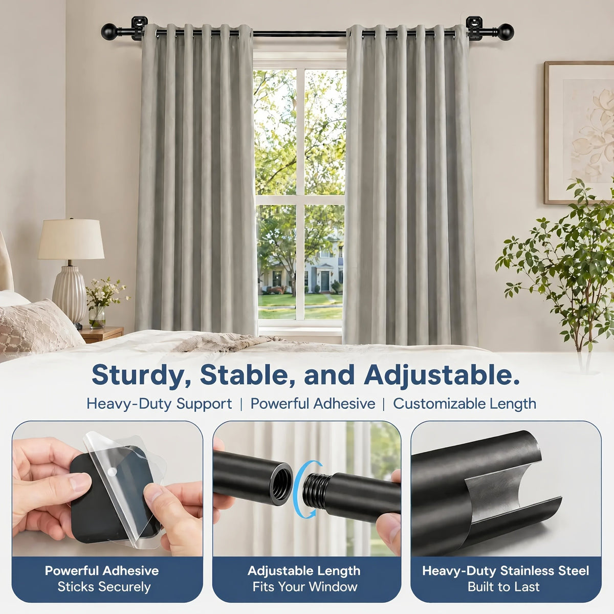 Curtain Rods No Drilling For Windows, 5/8 Inch Diameter Drapey Pole With No Drill Curtain Rod Brackets (2pcs, Black, 30 To 45")