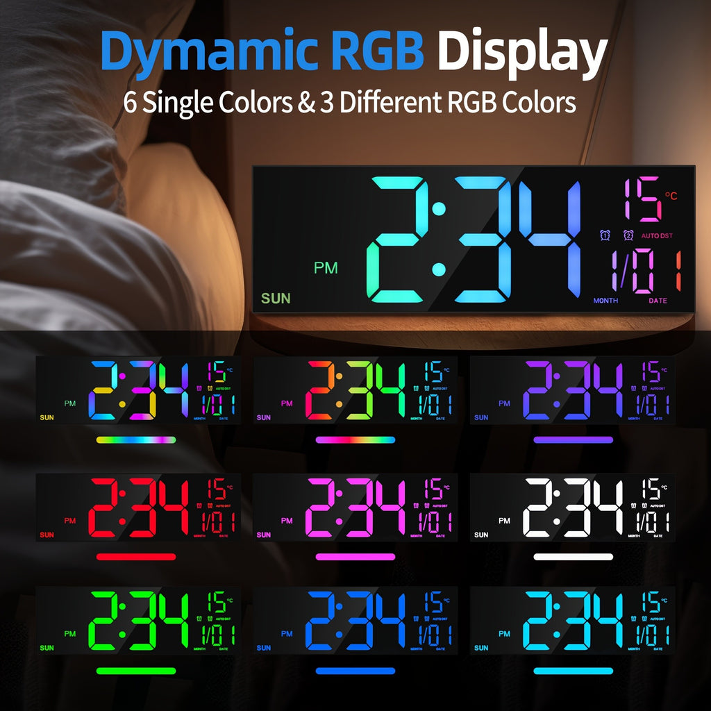 16.5'' Large Digital Wall Clock with Remote Control, Big LED/2 Alarms/8 RGB/Auto Brightness/Date/Auto DST/Temperature/Ambient Light/Dimming/Timer, Gym Clocks for Living Room, Bedroom, Office, Kitchen Home Decor, Easter Decorations, Mother's Day Gifts