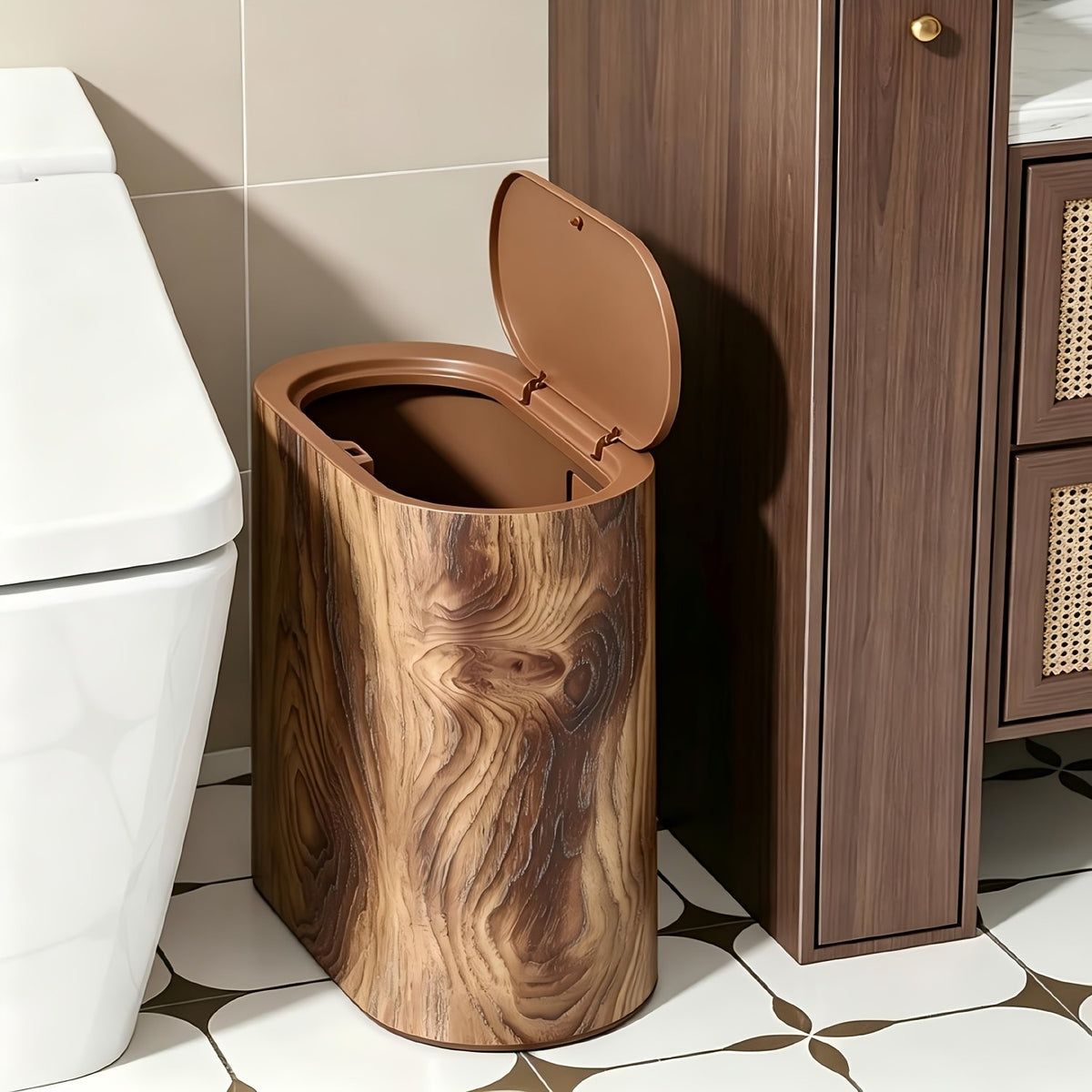 Decorative Plastic Wastebasket with Built-In Handles, Wood Grain Black or White Trash Can Options for Small Bathrooms, Laundry Rooms and Home Offices