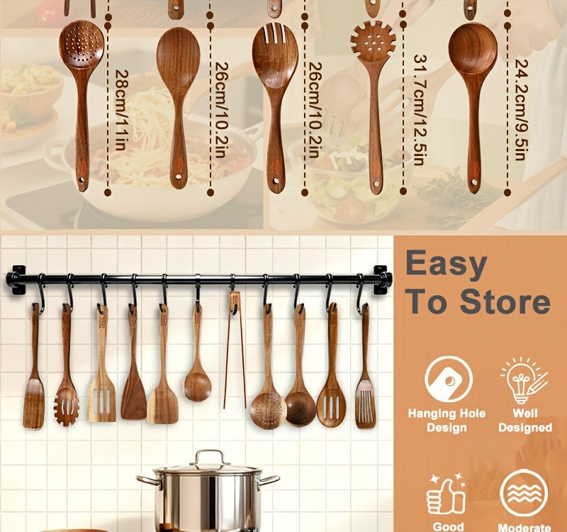 10pcs Wooden Spoons for Cooking, Natural Teak Wooden Kitchen Utensils Set Non-Stick Kitchen Pan Toolset Wooden Utensils for Cooking Wooden Cooking Utensils Wooden Spatulas for Cooking