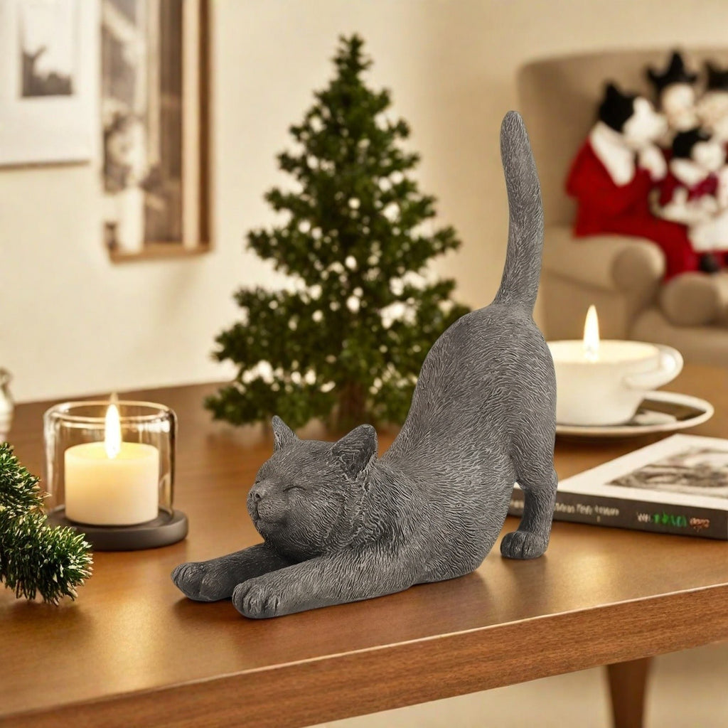 Yoga Cat Statue in Grey Resin, Hand-Painted Stretching Cat Figurine for Home, Office and Garden Decor, Decorative Sculpture Gift for Cat Lovers