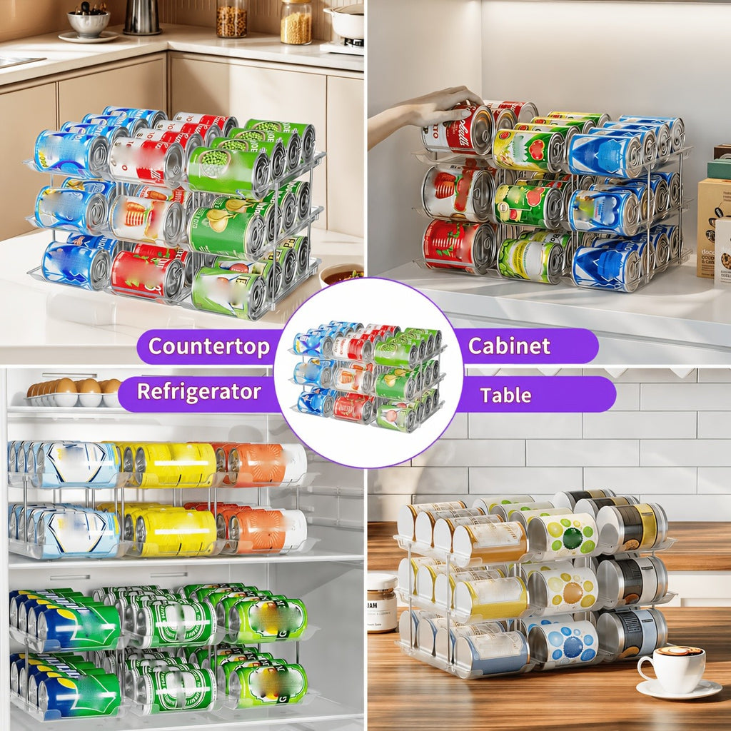 Pantry Can Storage Rack - Holds 36 Cans (3 Tiers/3pcs), Auto-Rolling Stackable Can Storage Rack - Transparent PET Material, Suitable for Soda, Soup, Vegetable Cans - Kitchen, Garage, Dorm Closet Organizer - Tool-Free Easy Assembly.