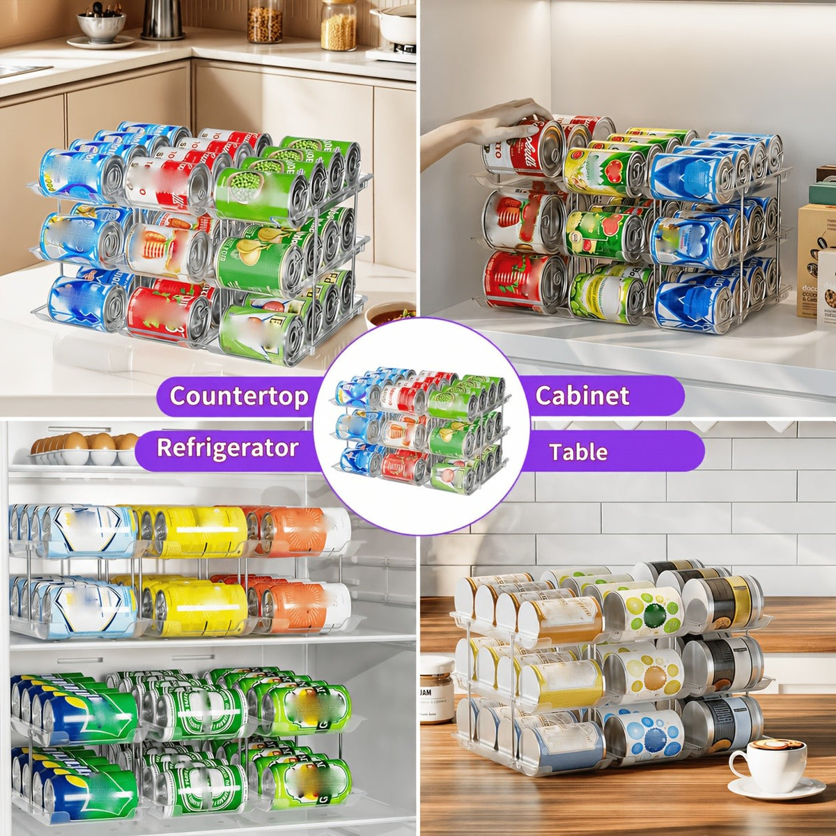 Pantry Can Storage Rack - Holds 36 Cans (3 Tiers/3pcs), Auto-Rolling Stackable Can Storage Rack - Transparent PET Material, Suitable for Soda, Soup, Vegetable Cans - Kitchen, Garage, Dorm Closet Organizer - Tool-Free Easy Assembly.