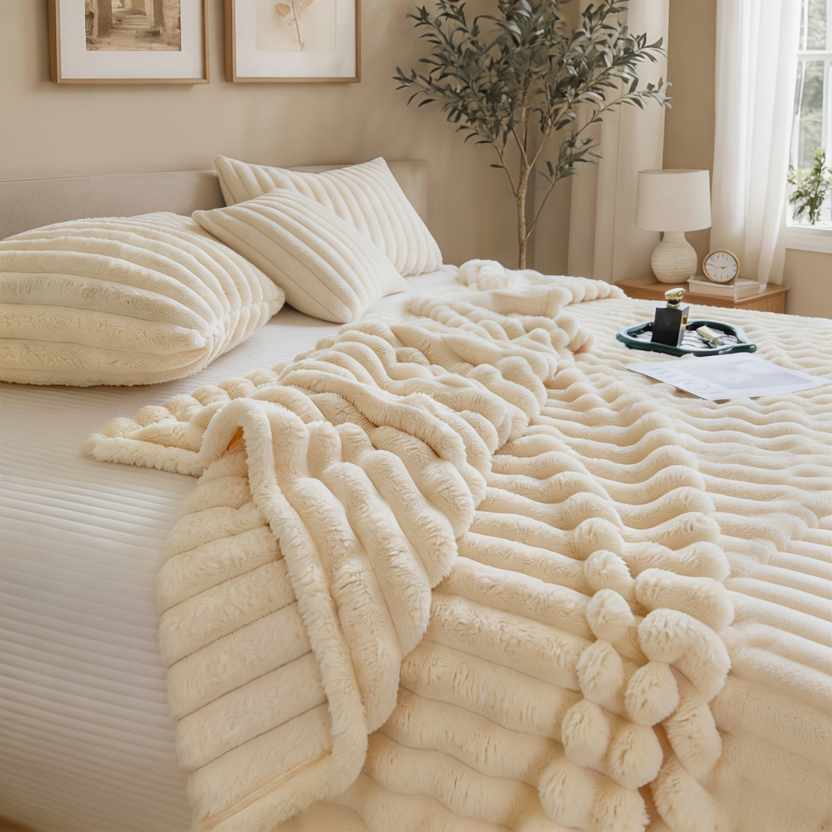 1pc of High-quality Milk Striped Blanket, Throw Blanket, Soft, Warm, and Cozy, Suitable for Sofas, Beds, Offices, Travel, Hiking, Fishing, Etc. Multi-functional and Suitable for All Seasons - Christmas Gift