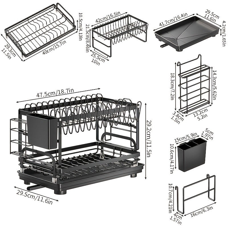 Two-tier Metal Kitchen Countertop Dish Rack Is Space-saving And Durable. It Comes with A Knife And Fork Holder, A Cup Rack, A Cutting Board Holder, And A Rust-proof Draining Tray. It Organizes Your Tableware And Helps Keep Your Kitchen Neat And Tidy.