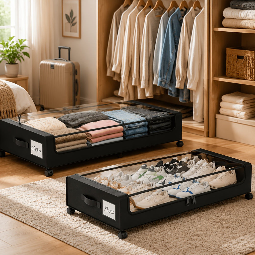 2-Pack Under Bed Storage with Wheels: XXL 17.17gal Underbed Storage Containers with Clear Lids - Rolling Drawers And Bins for Shoes, Clothes in Dorm Bedroom - Space-Saving Easy Pull-Out, Black, Under-Bed Storage