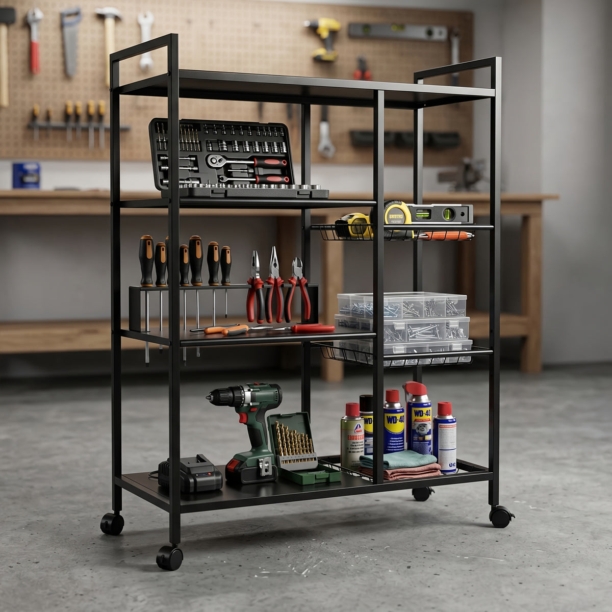 Rolling Storage Shelf with Side Baskets, Adjustable Metal Organizer Rack on Wheels for Kitchen, Pantry, Bathroom, Closet and Home Office