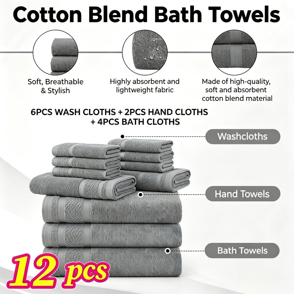 12/24pcs Bath Cloths Set, Hotel Quality Thick Bath Cloths | Highly Absorbent & Quick-Dry | 4/8 Bath Cloths & 2/4 Hand & 6/12 Washcloths, Cotton for Hotel Spa Gym & Home Bathroom Essentials