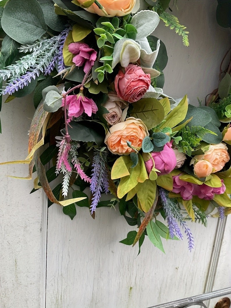 Elegant Peony & Roses Wreath with Pink, Purple, Peach, & Green Foliage - Durable Plastic Farmhouse Door Decoration for Spring Summer Home Decor, Contemporary Floral Wreath with Lush Foliage & Pastel Hues, Easy to Install with Adhesive/Screws, All-Season I