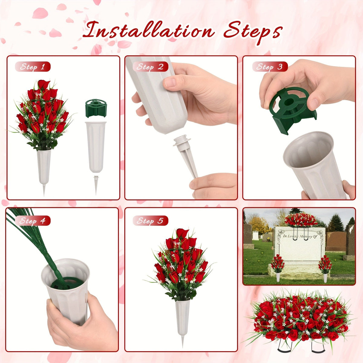 1/2/3pcs Artificial Cemetery Flower For Grave With Saddles, Artificial Silky Rose Flowers And Bouquets With Vases, Memorial Day Flowers For Cemetery, Outdoor Grave Headstones Decoration