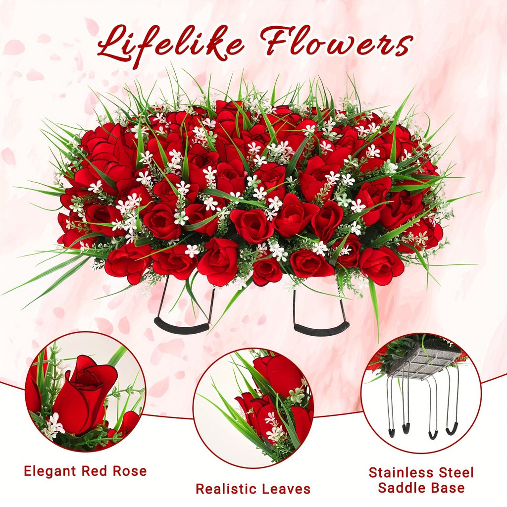 1/2/3pcs Artificial Cemetery Flower For Grave With Saddles, Artificial Silky Rose Flowers And Bouquets With Vases, Memorial Day Flowers For Cemetery, Outdoor Grave Headstones Decoration