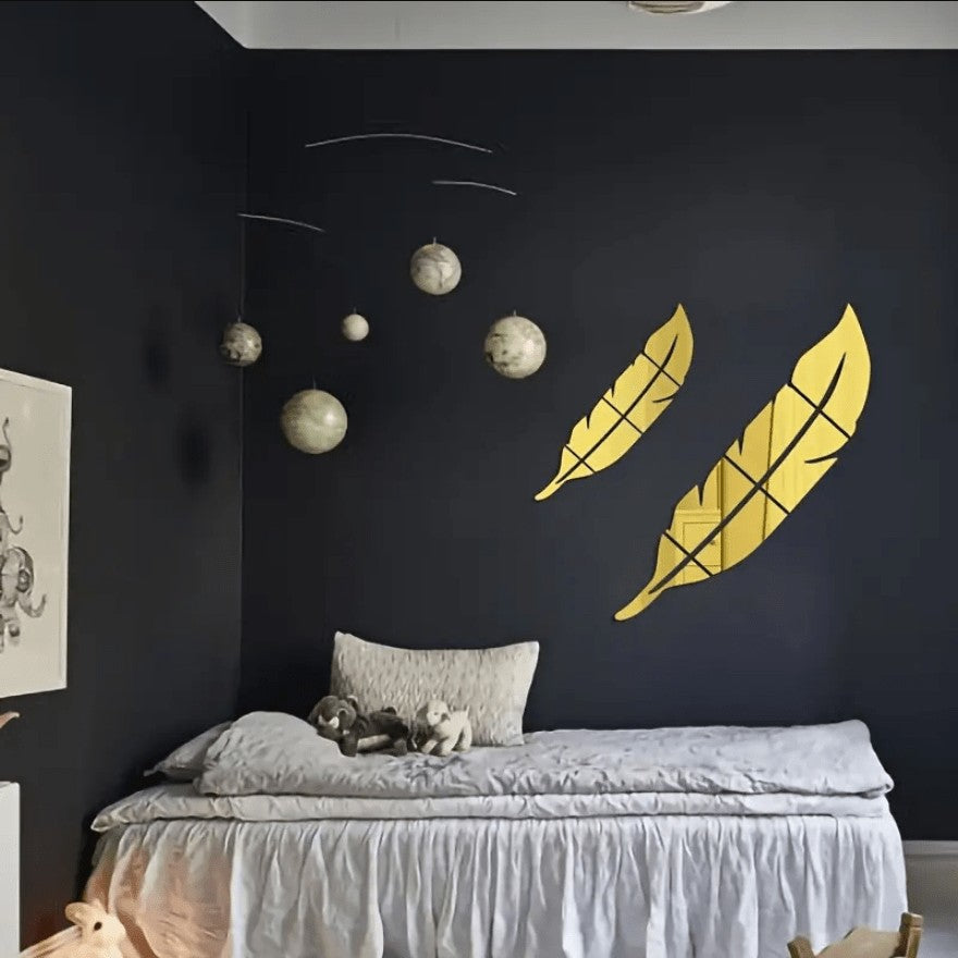 Aryclic Feather Mirror Wall Stickers, Self Adhesive Silver Home Art Decal Wall Decor, Living Room And Bedroom Wall Decoration