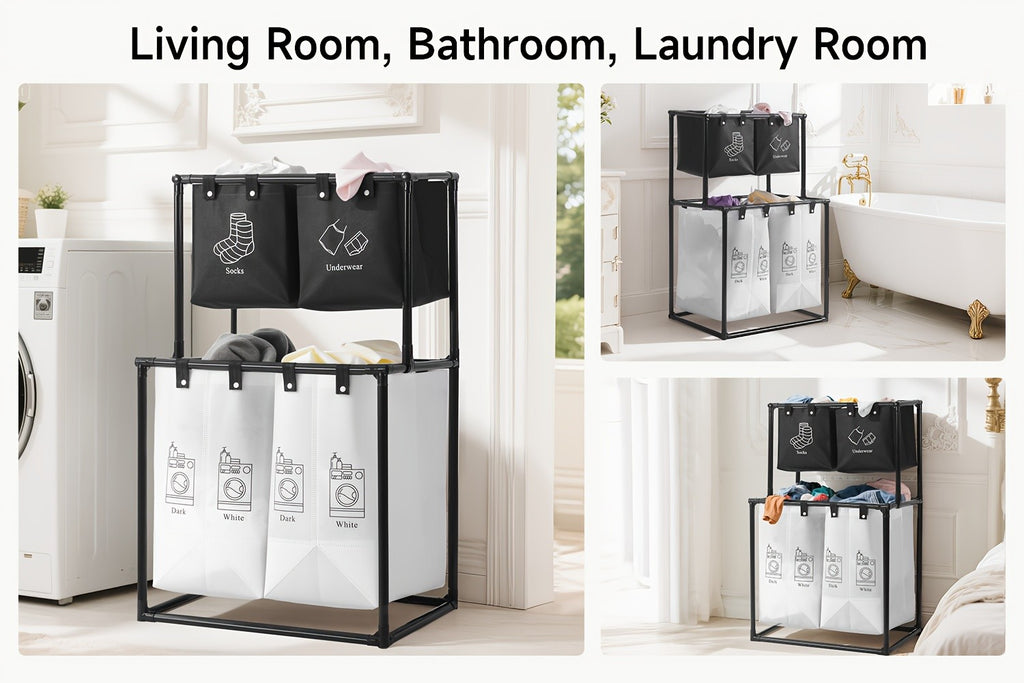 2 Compartment Laundry Hamper (No Wheels) - 2 Tier Laundry Sorter With Handles - Sturdy Metal Frame & Breathable Mesh Bags - Space Saving Clothes Organizer For Home, Apartment, Add 10 Cable Ties For Securing, Dirty Laundry Basket, Laundry Baskets
