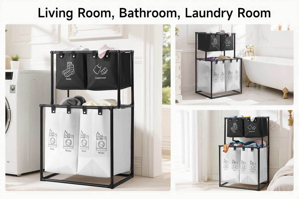 2 Compartment Laundry Hamper (No Wheels) - 2 Tier Laundry Sorter With Handles - Sturdy Metal Frame & Breathable Mesh Bags - Space Saving Clothes Organizer For Home, Apartment, Add 10 Cable Ties For Securing, Dirty Laundry Basket, Laundry Baskets
