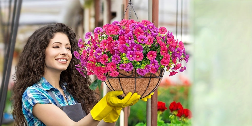 Artificial Hanging Petunia Flowers with Container, UV-Resistant Plastic Faux Floral Decor in Multicolor or Purple for Porch, Patio, Garden and Balcony