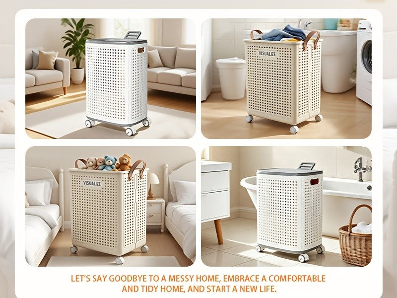 Large And Medium Foldable Ceramic White Laundry Baskets - Pu Leather, Hand Washable, Solid Color, Multi-Functional Portable RV Dirty Clothes Hamper with Wheels for RV Bathroom And Balcony Storage with 2 Stickers