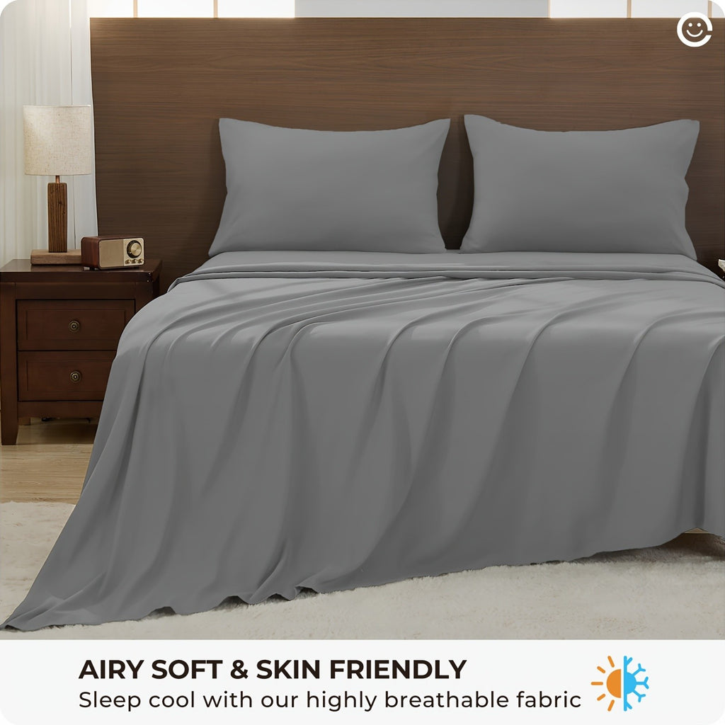 Machine Washable Cooling Sheet Set, 4-Piece Breathable Bedding with Extra Deep Pocket Fitted Sheet and Pillowcases in Twin Full Queen King California King