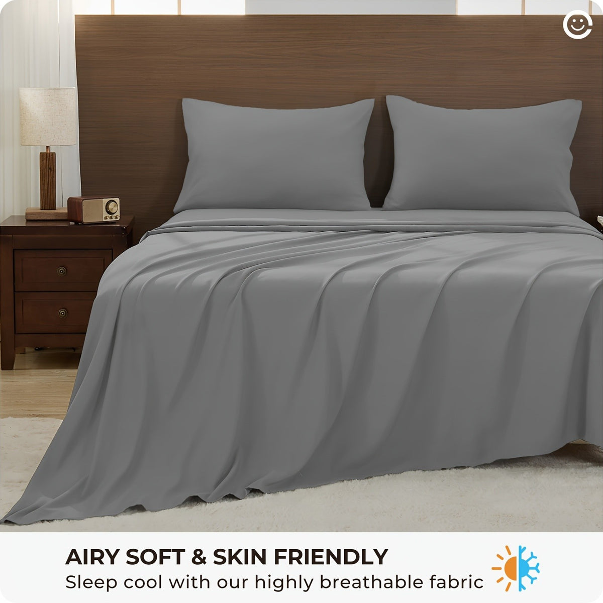 Machine Washable Cooling Sheet Set, 4-Piece Breathable Bedding with Extra Deep Pocket Fitted Sheet and Pillowcases in Twin Full Queen King California King