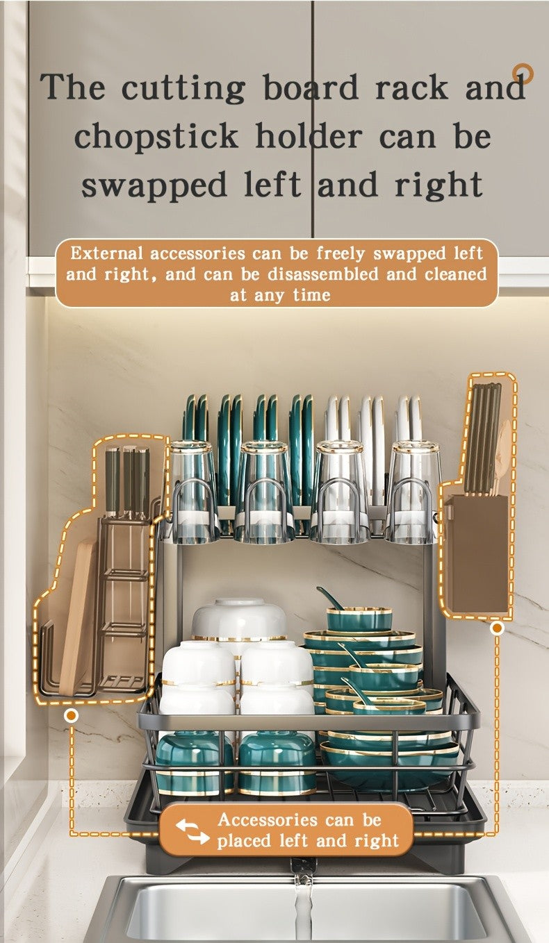 Double Tier Metal And Carbon Steel Cutlery Rack, Large And Durable, with Knife Fork And Cup Holders And Draining Board, Rustproof Two Tier, Space Saving for Kitchen Countertop, Make The Kitchen More Concise And Organized