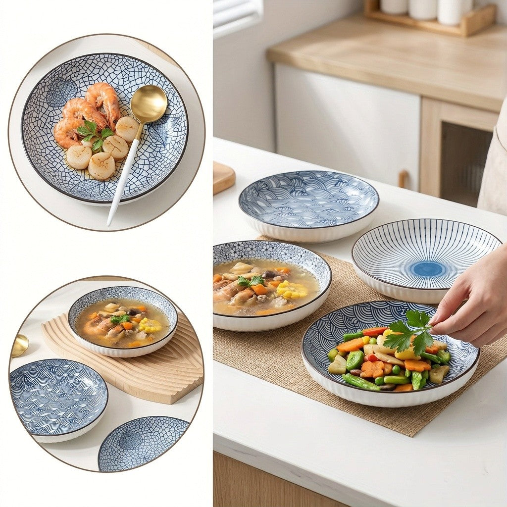 4pcs Set Of Japanese-style Ceramic Floral Plates Yamada Household Serving Plate, Nordic-style Steak Plate, Ceramic 7-inch Deep Plate, Non-slip Edge, Underglaze Color Round Plate