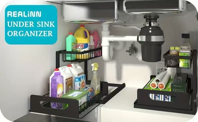 2Pack-2-Tier Slide-Out Under Sink Organizer -Pull-Out Cabinet Shelf with Adjustable Compartments, Featuring a Sliding Pull-Out Shelf Made of Metal, Ideal for Organizing Kitchen, Bathroom, Pantry, Or Closet Spaces