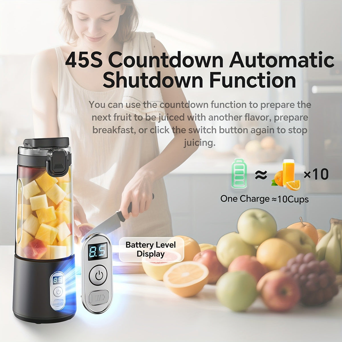 LALAYUAN USB-Powered Juicer & Juicer with Digital Timer, Battery Left Display, High-Speed Ice Crush, USB-C Fast Charge, One-Tap NO-Spill Lid, 6-Blade Stainless Steel - Smoothie Blender Portable, Protein Shakes, Gym, Travel Smoothie Maker